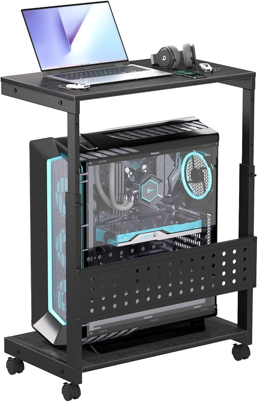 Computer Tower Stand/PC Tower Stand with Wheels, Dual Tier & 5-Level Adjustable CPU Holder Cart (23.2-33.5") — Under Desk Floor PC Stand for Gaming & Home Office [Black]