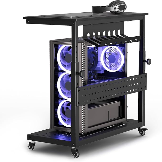 Computer Tower Stand, 11 Level Height Adjustable PC Stand with Line Storage Rack, Mobile Rolling CPU Holder Cart for Gaming Office Home (Black)