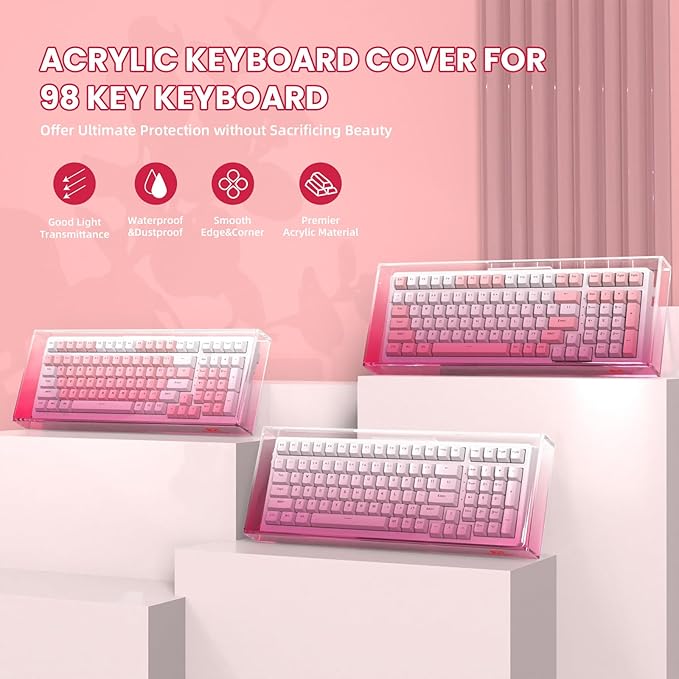 ZIYOU LANG KC04 Acrylic Clear Transparent Keyboard Cover(17.4*6.5*1.89’’) with Dustproof Waterproof Anti-hit Anti-cat Protective Case for Compact Layout 94/96/98Key Mechanical Gaming Keyboard(Pink)