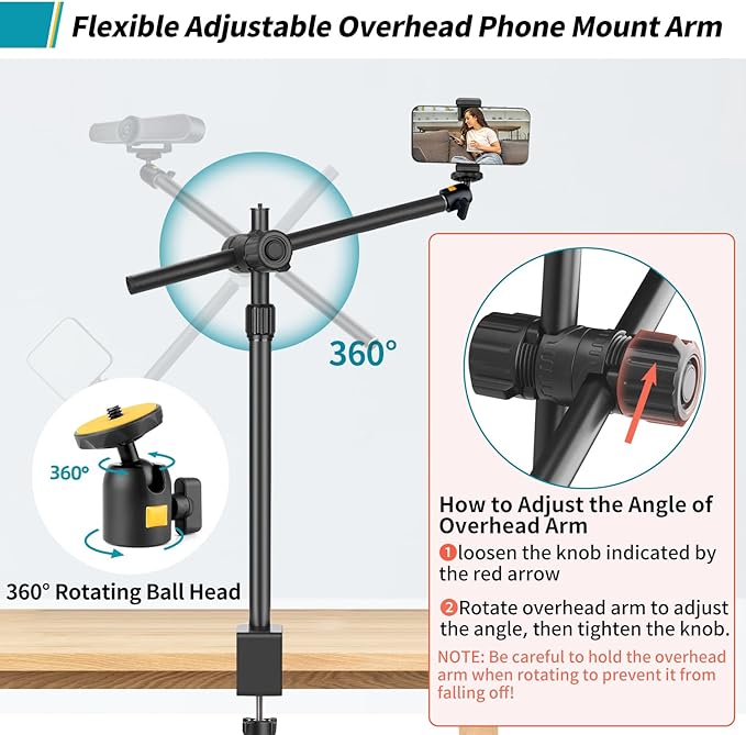 Camera Desk Mount Webcam Stand with Overhead Articulating Magic Boom Arm 1/4" Ball Head for DSLR Tripod, Adjustable Light Stand, Tabletop C Clamp for Ring Light Photo Video Shooting Live Streaming