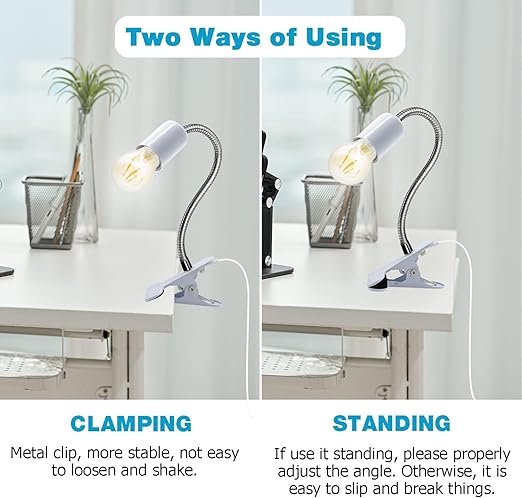 Clip on Lamp Holder, White Clamp Light Socket, Clip on Desk Lamp, E26 Book Clamp Light Fixture, 360° Flexible Gooseneck Lighting, E27 Bulb Holder with 7 Ft Plug and Switch, for Bedside