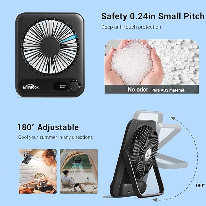 WHATOOK Small Desk Fan Personal Fans: 5000mah 25 Hours Battery Office Quiet Mini Desktop Fan Portable Rechargeable Travel Essentials (Black, 2000 mAh)