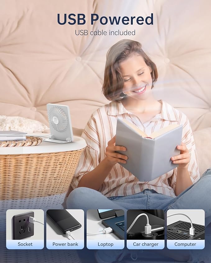 TriPole Mini Desk Fan USB Powered Portable Fan Small Personal Fan 3 Speeds Strong Airflow Table Fan for Travel Home Office Bedroom Desktop, 3.3ft Cable (No Battery, White)
