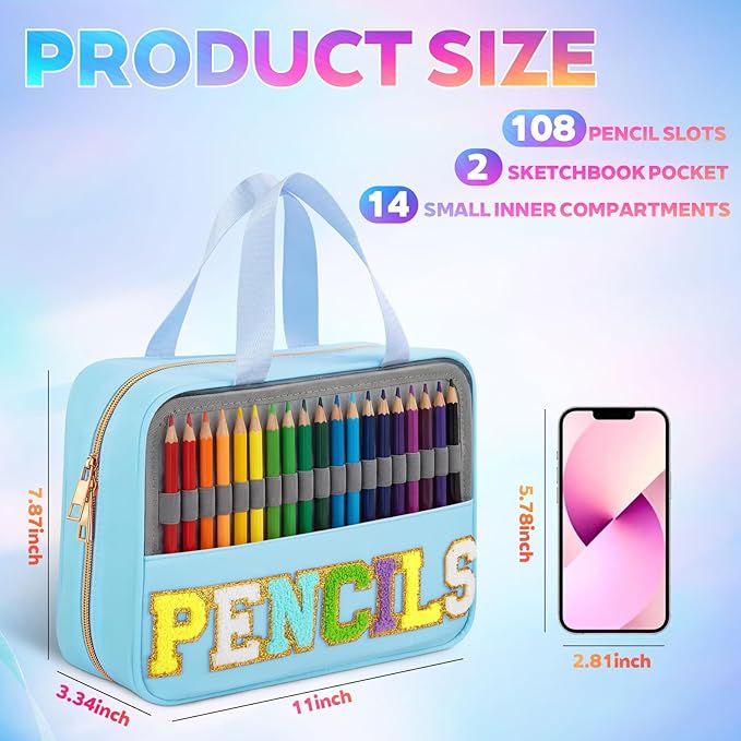 Hillban 108 Slots Large Colored Pencil Case with Chenille Letter Patch Extra Large Capacity Interlayer Pencil Holder Organizer with Handle Zipper Portable Storage Bag Graduation Gift for Artist(Blue)
