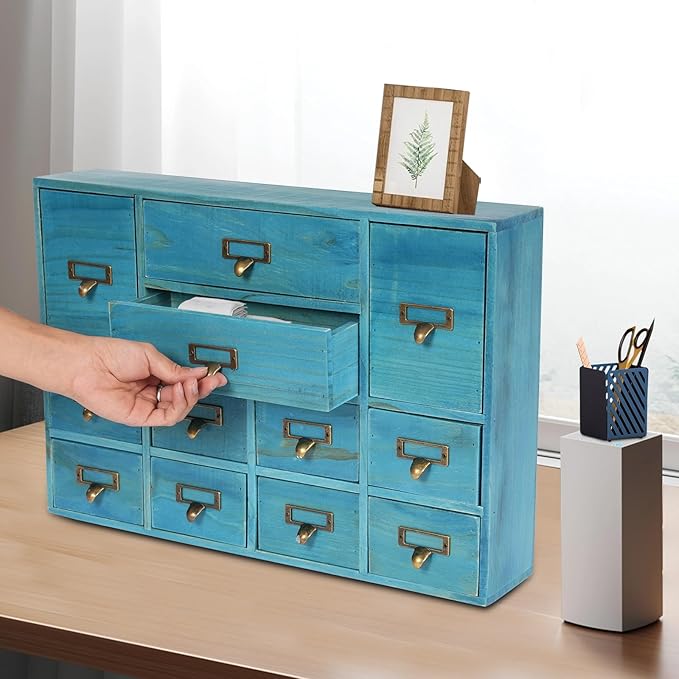 Vintage Desktop Apothecary Cabinet with 12 Drawers,Wood Desktop Organizers Stackable Drawers Desktop Chest Drawer for Herb Storage,Tea Collection,Stationery (12 Drawers,Blue)