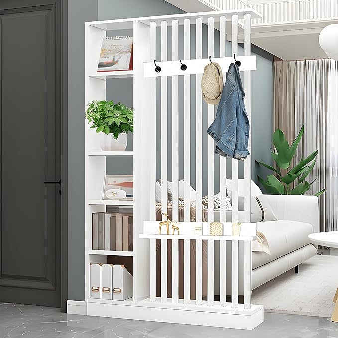 Wall Room Divider - Freestanding Wood Room Divider with Shelves and Coat Rack, Wall Divider with Storage Cabinet and Display Shelf, Freestanding Decor for Bedroom, Office