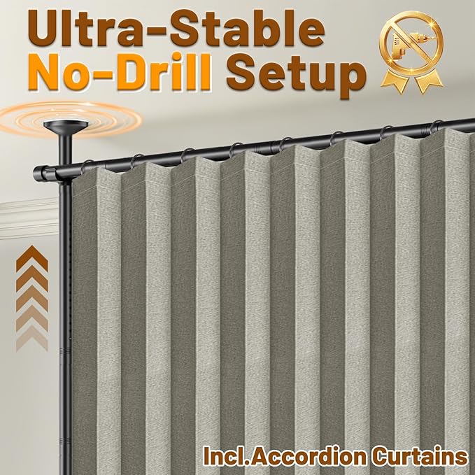 AJAZZ Privacy Curtains for Room Divider with Blackout & Soundproof (Grey, W100 x L96 in, 1 Panel)+ No Drill Curtain Rods(H) 43-120×(W) 35-100 in, Wall Divider for Bedroom/Studio/Office Curtain