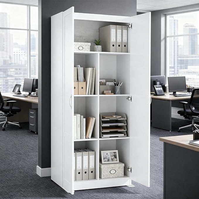 DUMOS Office Storage Cabinet, Large Capacity Organizer, Wooden Bedroom Storage Unit for CD, Blankets and Books, Suitable for Living Rooms, Office and Study Rooms, White