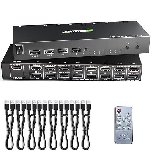 KVM Switch 8 Ports with Hotkey, 8 in 1 Out USB 2.0 HDMI KVM Switcher Support 4K@30Hz for 8 PC Share Keyboard and Mouse, Compatible with Windows/Linux/Mac System etc