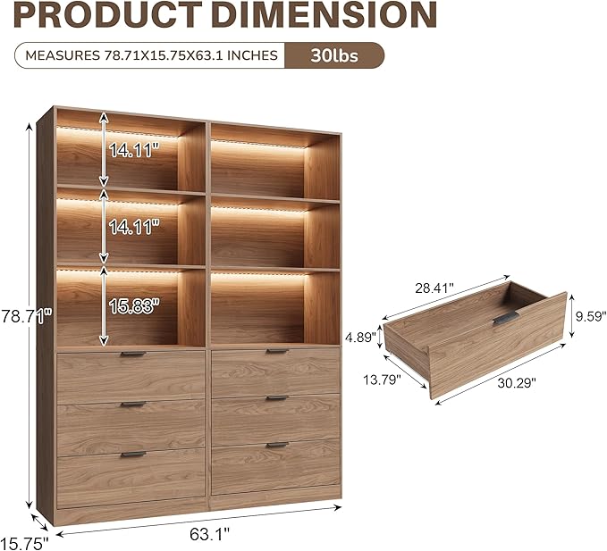 Mekminop 2 Piece Tall Bookcase Storage Cabinet with LED Lighting, Wooden Bookshelf with Drawers and Shelves, Storage Bookshelf for Living Room,Home Office,Walnut