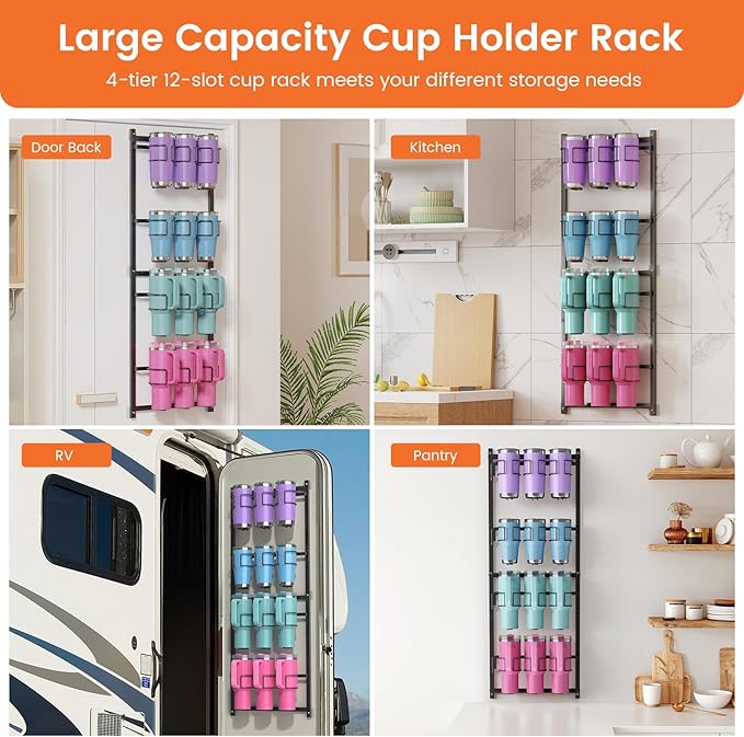 Housolution Water Bottle Organizer, 4 Tier Heavy Duty Metal Tumbler Storage Organizer for 10 to 40 oz Cups, Wall/Door Mounted Hanging Cup Holder Rack Compatible with Stanley and Other Brands