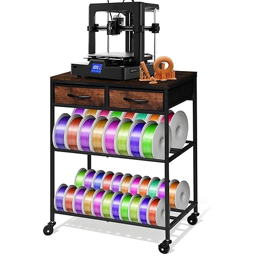 3D Printer Filament Storage Shelf with Drawers& Wheels, Heavy Duty 2-Tier 3D Printer Filament Metal Stand with Storage, Adjustable Filaments Organzied Rack for Workshop Studio Office, 4 Leveling Feet