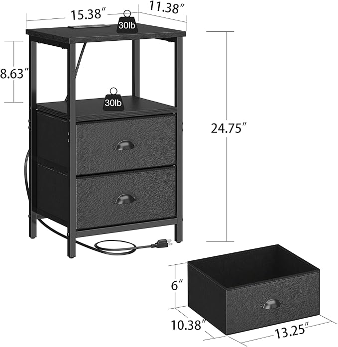 sthmec Nightstand with Charging Station, Night Stand with 2 Fabric Drawers PU Finish, Bedside Table End Table with LED Light, 3-Tier Storage Side Table Nightstand with Drawers for Bedroom,Black