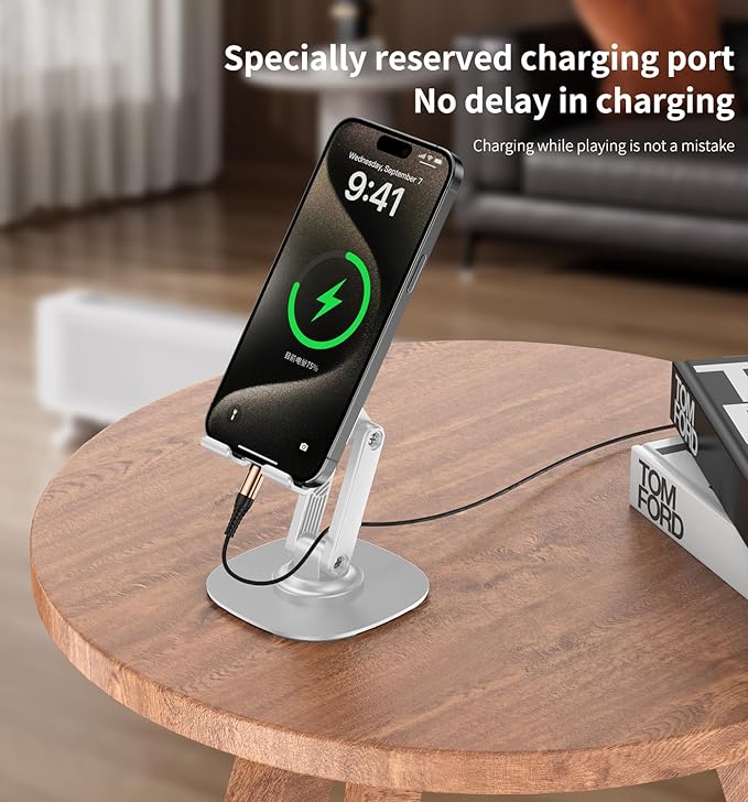 360° Rotating Cell Phone Stand for Desk, Adjustable & Foldable Phone Holder, Aluminum Desktop Phone Stand with Anti-Slip Base, Compatible with iPhone, iPad, Android Phones, K69-White