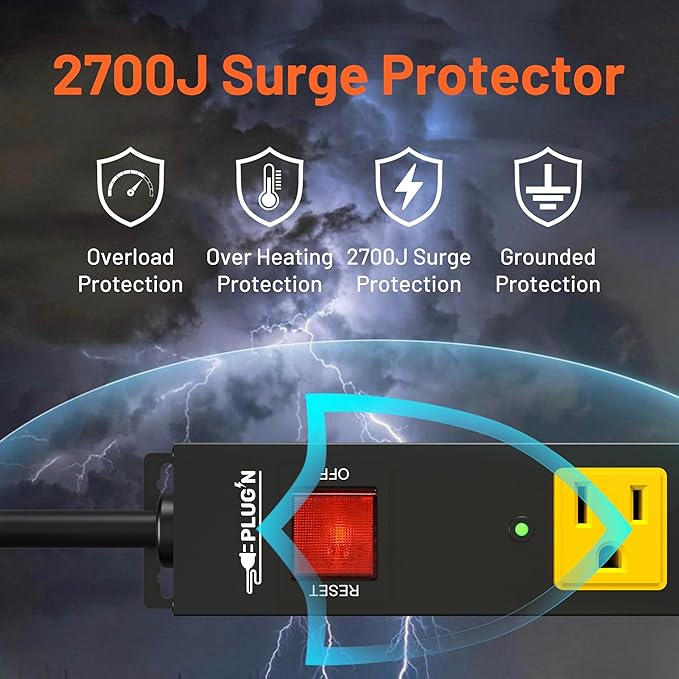 Power Strip 2700J Surge Protector, Heavy Duty Power Strips with 15FT Long Cord and Flat Plug, Wall Mountable Metal 6 Outlet Strip for Desk, Garage, Workbench and Kitchen