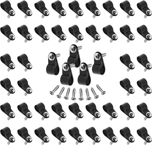 60pcs 3/8 Inch Nylon Cable Clamps, R-Type Wire Cable Clips with M4 Screws, Screw Mounting Cord Fastener Wire Conduit Clamp for Wire Management (Black)