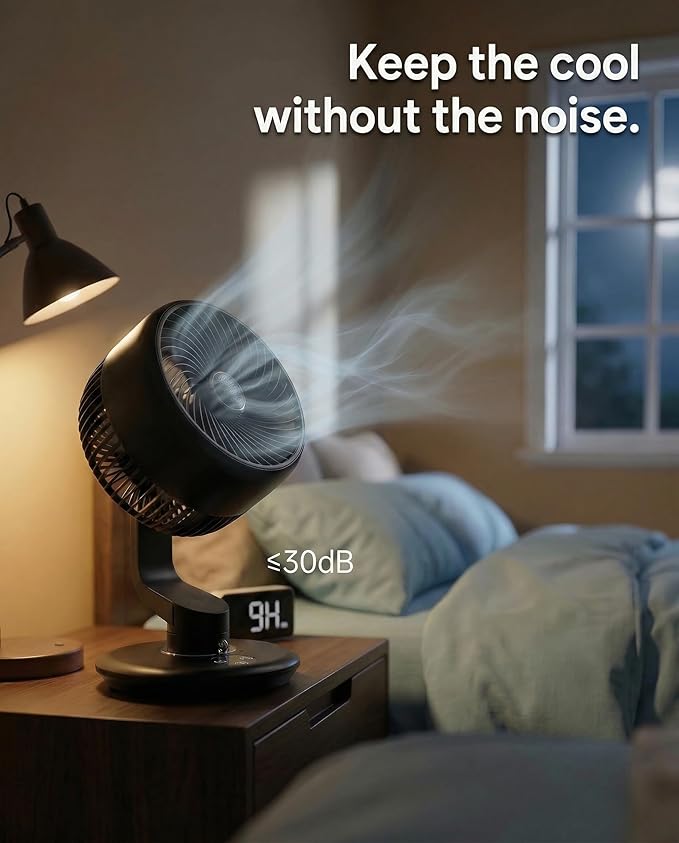 Desk Fan for Office, Rechargeable Air Circulator Fan for Bedroom Cooling, Ultra Quiet Battery Powered Table Fan, 5 Speeds, 9H Timer & 120°Oscillating Smart Portable Fan for Dorm, Home, Kitchen
