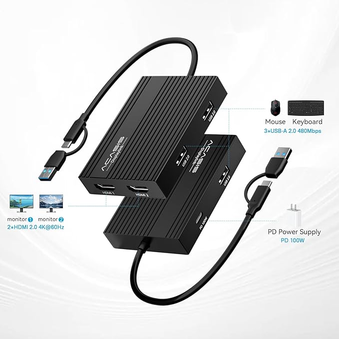 ACASIS USB C to Dual HDMI DisplayLink Adapter, 4K@60Hz, 2 HDMI & 3 USB-A Ports, 100W PD Charging, USB C DisplayLink Docking Station for Mac M1/M2/M3/Windows,USB A/C to Dual Monitor Adapter (Black)