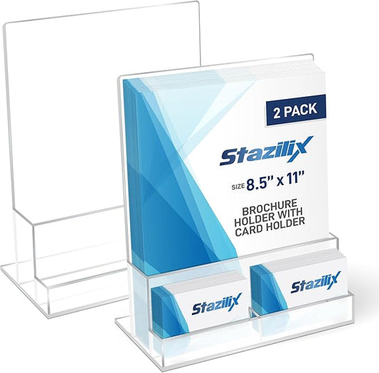 2 Pack Acrylic Flyer Holder 8.5 x 11 Clear Brochure Display Stand with Acrylic and Business Card Holder, Plastic Flyer Display Stand for Magazine, Pamphlet, Booklets, Menu, Journals