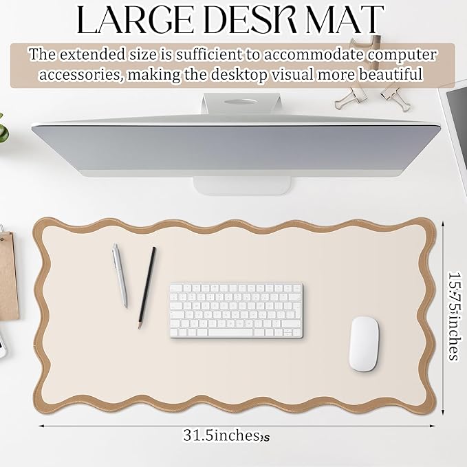 Hahafelt Scalloped Desk Mat Large Scalloped Piping Cute Desk Mat Aesthetic Preppy Table Pad Large Nonslip Pad with Edge Stitching Waterproof Gaming(Beige,31.5 x 15.8 Inches)