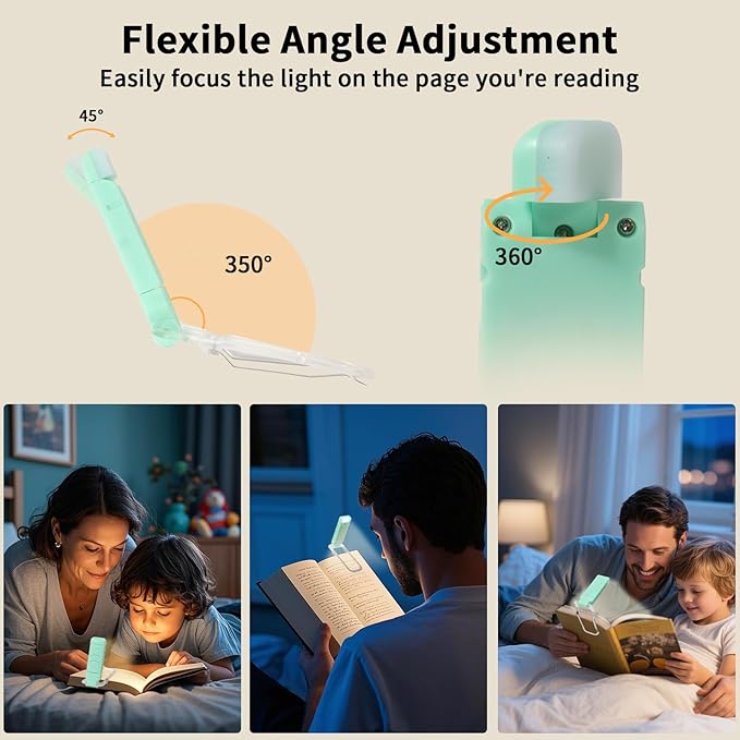 Clip On Book Light, USB Rechargeable Reading Light with 3 Color Modes, 5 Brightness Levels, Flexible Clamp Arm for Bed and Travel(Green, Clip On)