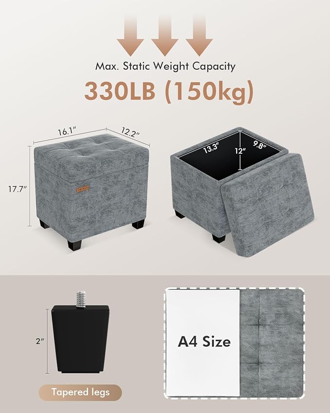 ABHENG Chenille Metal Framed Storage Ottoman,12.2" D x 16.1" W x 17.7" H Tufted Upholstered Ottoman with Storage,Foot Rest Stool with Legs,Holds 770 LB for Dorm Living Room Bedroom Gray UASND70G