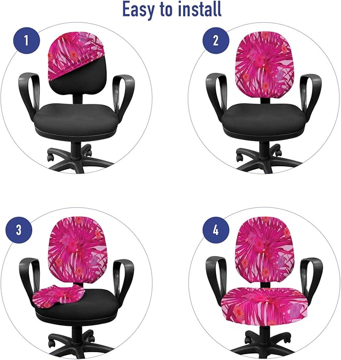 Ambesonne Hibiscus Office Chair Slipcover, Summer Concept Pattern of Tropical Flowers and Monstera Leaves, Protective Stretch Decorative Fabric Cover, Standard Size, Raspberry Pink