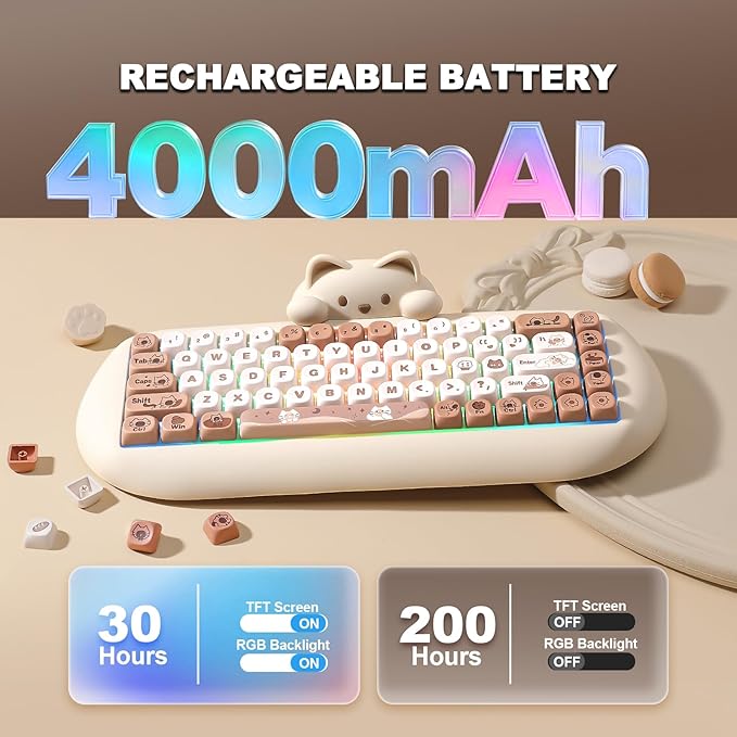 YUNZII C68 Wireless Mechanical Keyboard,65% Layout,Hot Swap,Triple Mode BT5.0/2.4G/Wired, RGB Backlit NKRO,Cute Cat Silicone Ergonomic Design for Win/Mac (Brown, Milk Switch)