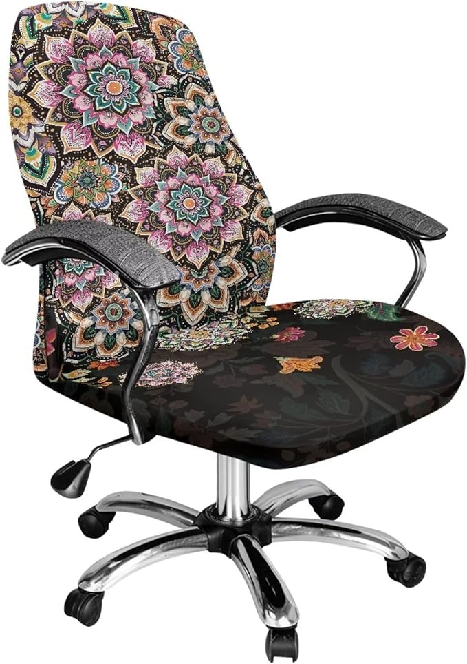 Talayituse Boho Mandala Flower Print Office Chair Cover Stretchable Desk Chair Cover Removable Computer Chair Cover for Office Chair Universal Spandex Rotating Chair Cover Anti-dust Chair Slipcover, L