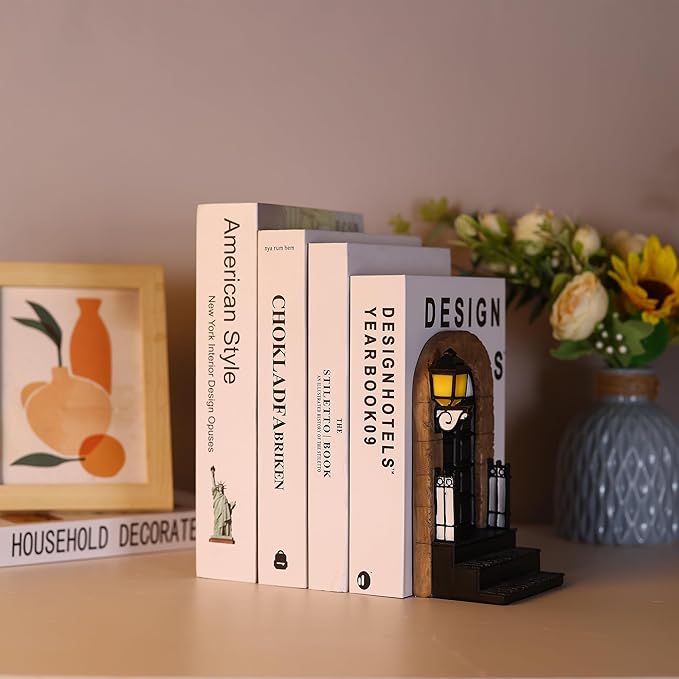 1 Pcs Unique Book End with Lighted Lantern, Vintage Decorative Book Ends for Shelves, Funky Book Holder, Rustic Book Stopper for Home, Office, and LOTR Bookshelf Decor (A)