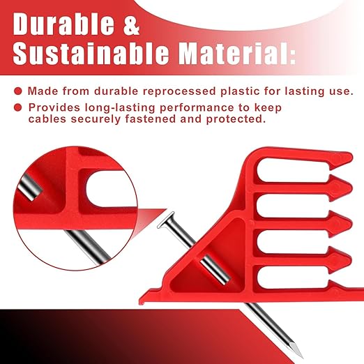 Multi CableStaples Compatible with Romex Clips, Cable Clip Stackers 100 Pack Red with Steel Nails, Electrical Wire stackers, Insulated Cord Staples Multi Cable Wire Clips for Suitable Most Cables