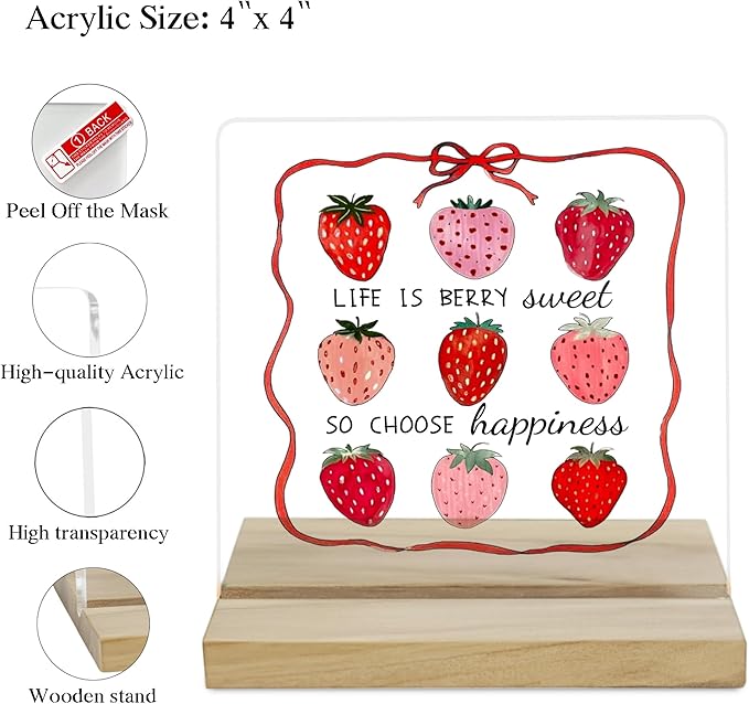 Coquette Strawberry Inspirational Decor Sign, Life is Berry Sweet Inspirational Acrylic Plaque