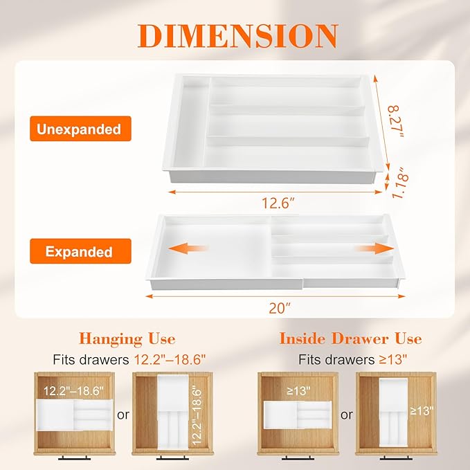 Briwooody Expandable Drawer Tray with Adjustable Dividers, 12.6-19.96 Inch Hanging Sliding Desk Organizer, 1.18'' Deep White Office Storage for Pens Paper Clips Sticky Notes Tape, Desk Accessories