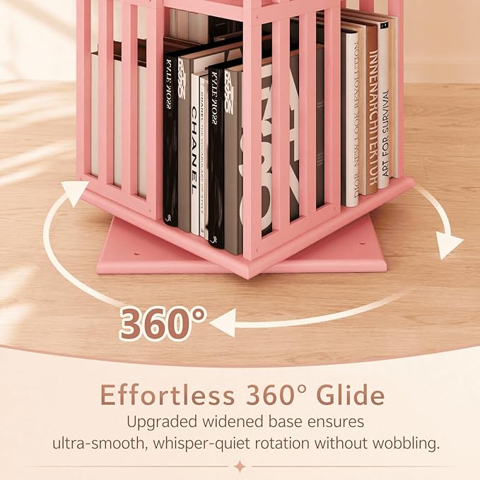 Lauxery Rotating Bookshelf Tower– 6 Tier 360° Spinning Bookshelf | Space-Saving Floor Standing Bamboo Revolving Bookcase for Small Space, Home Offices & Reading Corners |Pink