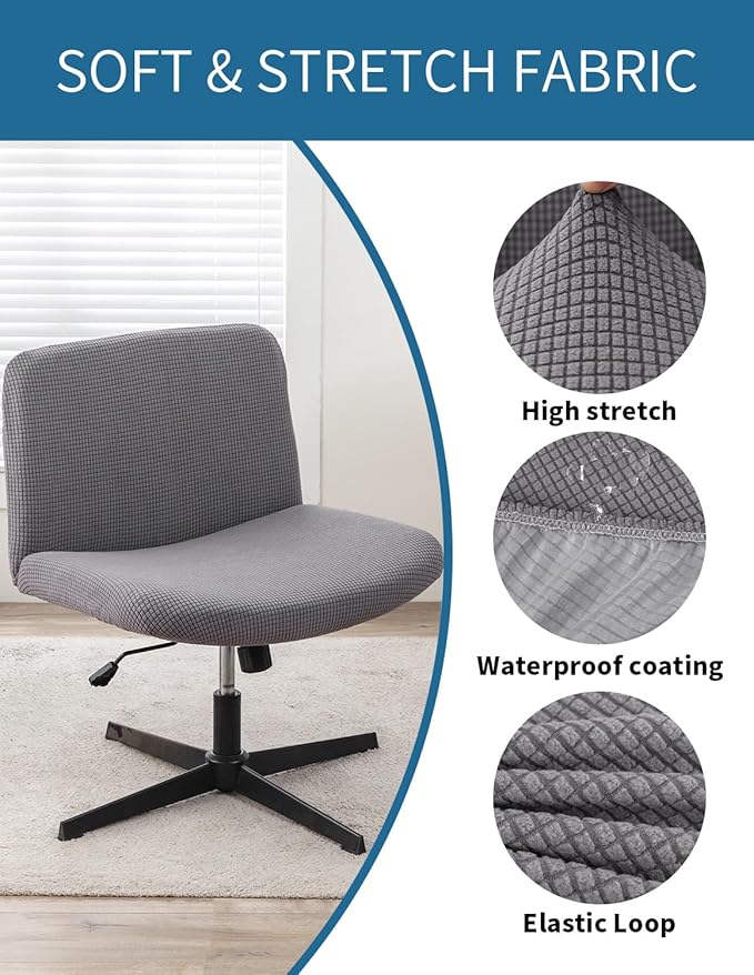 LavishCover Armless Chair Cover Office Desk Chair Cover, Waterproof and Elastic Criss Cross Chair Cover, Exquisite Vanity Chair Cover, Mid Back Wide Seat Accent Chair Covers(Grey,Corn, Just the Cover)