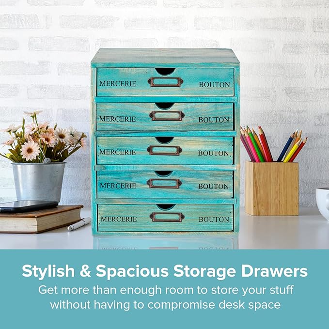 Turquoise 5-Tier Drawer Desktop Curio Cabinet - French Farmhouse Country Desk Organizer Box - Wooden Stackable Shelves - Teal Countertop Shelf w/Label Holder - 5-Level File Drawer Unit