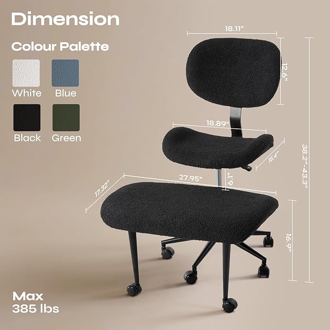 Pinmoco Ergonomic Cross Legged Chair for ADHD, Meditation Chair with 360° Swivel Wheels, Kneeling Office Chair with Back Support, Strong Lumbar Support, Teddy Fabric, Black