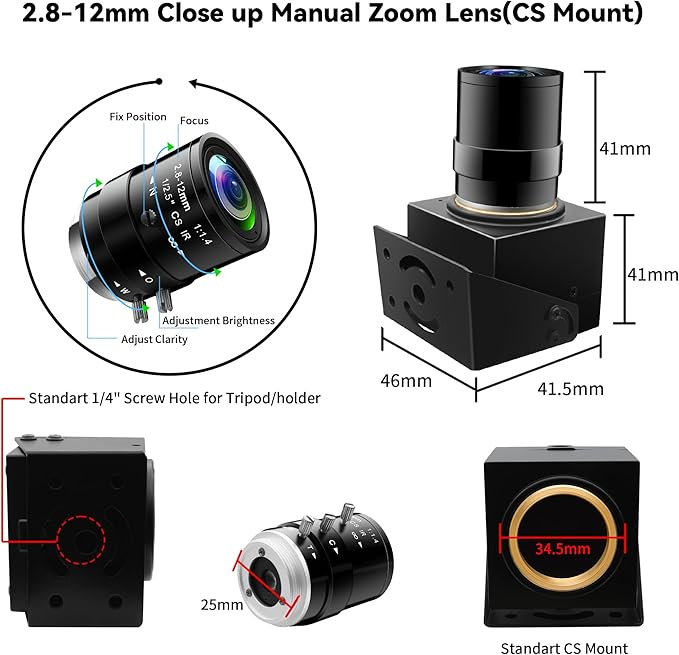 5Megapixels USB Camera CS Mount Manual Focus Webcam with 2.8-12mm 4X Telephoto Optical Lens 1944P 30fps Color Sensor Industrial Camera Free Driver Plug and Play for Window Linux Mac