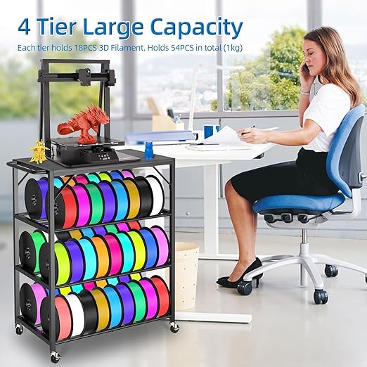 3D Printer Stand with Filament Storage Rack - 3D Printer Table Rolling Printer Cart on Wheels, Heavy Duty Metal Filament Spool Holder Organizer, 3D Printing Workstation for 48 Filament Spools (Black)