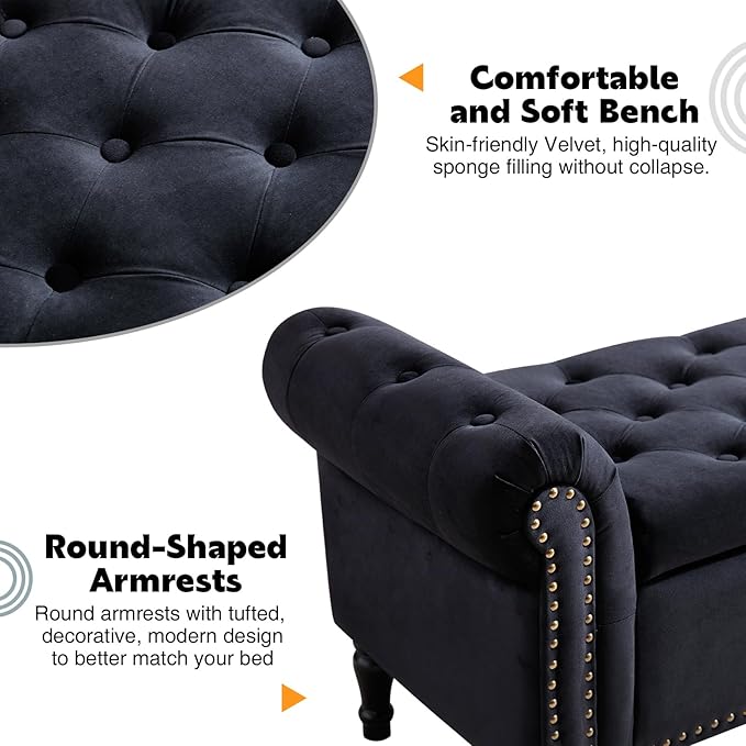 67'' Storage Bench for Bedroom End of Bed, Storage Bench for King Size Bed, Upholstered Tufted Storage Ottoman Benches with Arms for Living Room Entryway,Velvet Black