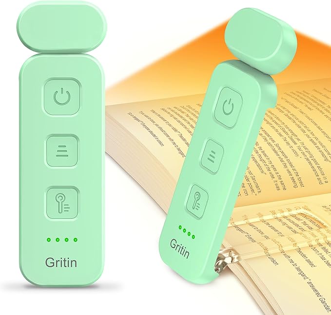 Gritin Book Light Rechargeable, Reading Light Lamp Clip on Book, Eye Caring 3 Colors, 5 Brightness & Stepless Dimming, Long Lasting up to 80hrs, Portable Mini Book Light for Book Lovers-Cyan
