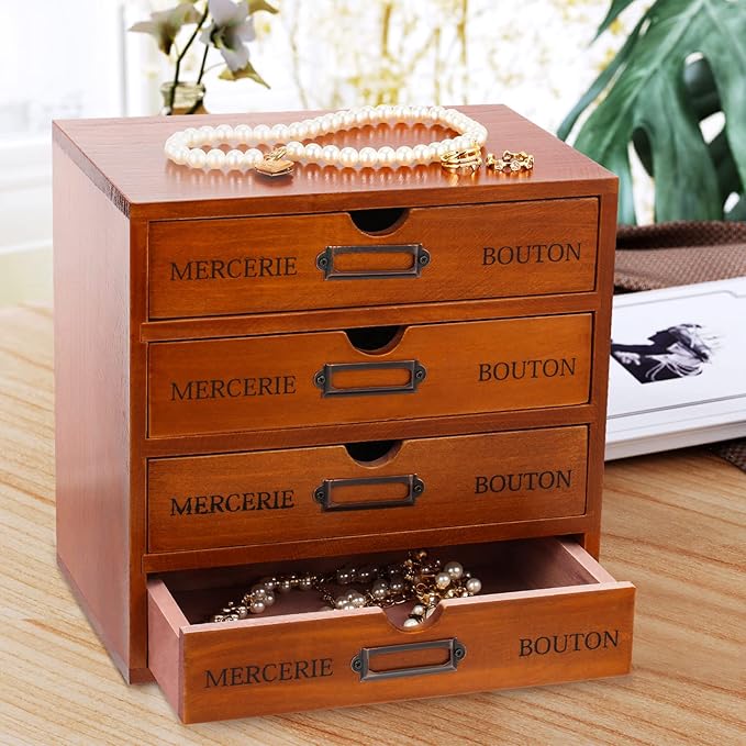 Wesiti 4 Drawer Vintage Wooden Desk Organizer, Apothecary Cabinet Storage Drawers, Rustic Shelf Drawer, Home Office Organizers and Accessories, Embroidery Floss, Craft, Art, Jewelry Storage, Stackable