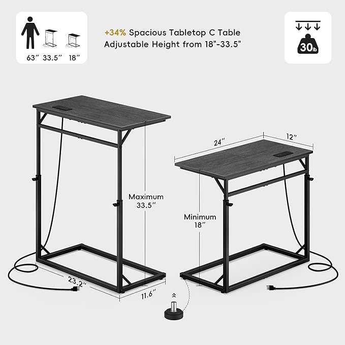Vagusicc C Shaped End Table with Charging Station, Large C-Table End Table Adjustable Height Side Table for Couch, Sofa Table Slide Under Couch Table TV Tray Table for Living Room, Bedroom,Gray Walnut