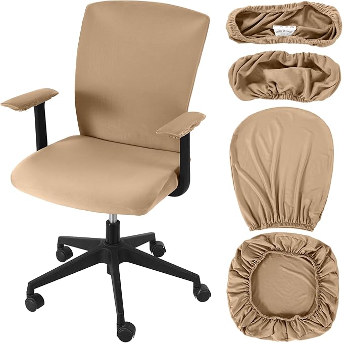 Tallew 4 Pcs Office Chair Covers Set Computer Universal Protective Stretchable Chair Seat Covers Desk Armrest Cover Pads Office Cushion Backrest for Rotating(Regular,Camel)