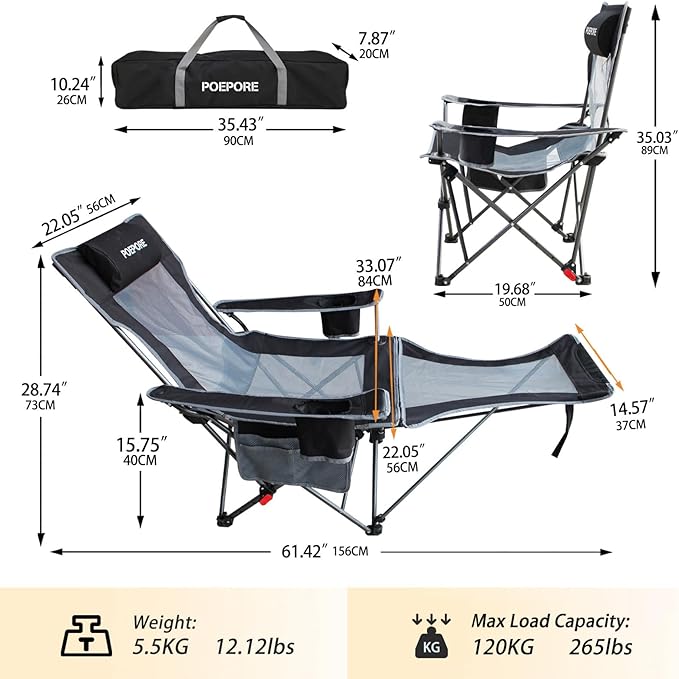 Reclining Camping Chair with Removable Footrest Lounge Chair with Headrest, Cotton Cushion, Portable Adjustable Folding Chairs
