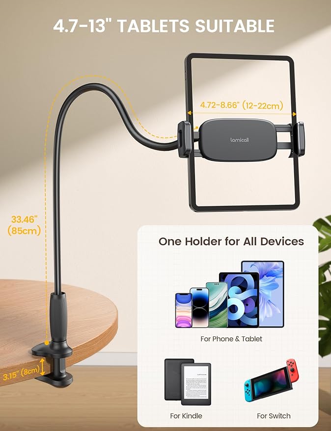 Lamicall Gooseneck Tablet Holder for Bed - [Unique Tapered Flexible Arm][Fully Adjustable] iPad Kindle Holder Stand for Reading in Bed, Tablet Mount for 4.7-13" iPad, Kindle, iPhone, Mothers Day
