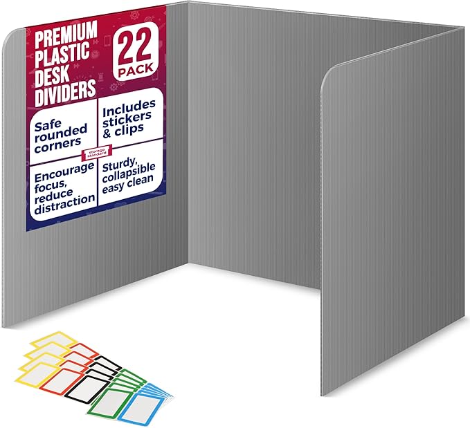 22-Pack Desk Dividers for Students - Waterproof & Durable Plastic Privacy Shield Divider, Classroom Folders Teacher Supplies, Easy-to-Clean Plastic Study Carrel Folder Boards for Student Desks, Grey