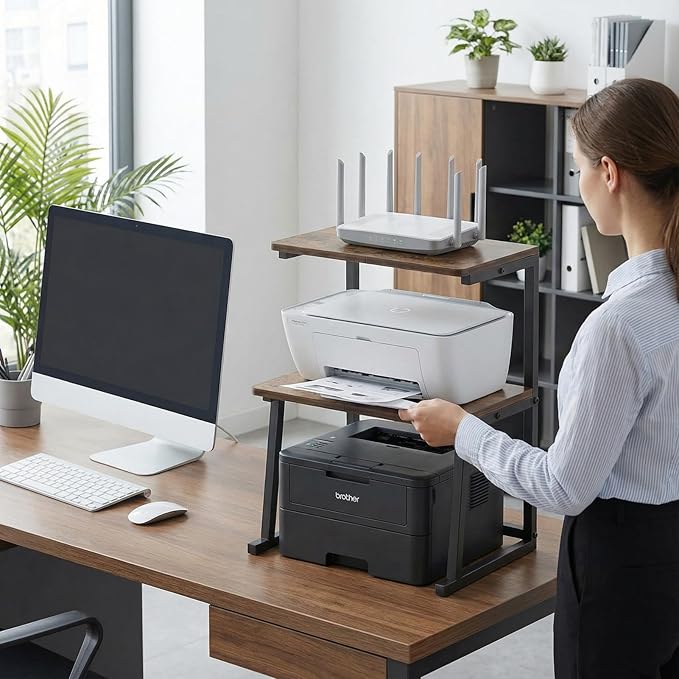 3-Tier Desktop Printer Stand, Universal Size Printer Shelf Organizer with Wide Platform, Heavy-Duty Multi-Purpose Office Desk Shelves for Home Office Organization
