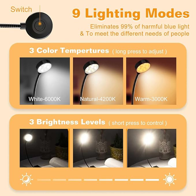 KTEBO Rechargeable Book Light for Reading in Bed, Eye Caring Book Reading Lamp with 10 LED Modes,1.3 oz Lightweight Portable Clip on Light, 360° Adjustable Clamp Light Perfect for Readers
