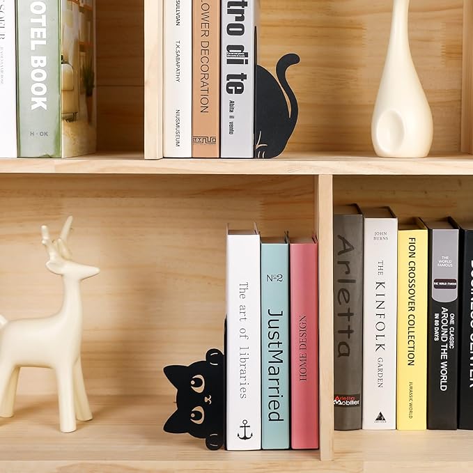 Peeking Cat Metal Bookends Set of 2 with Wider Base, Cute Decorative Book Ends for Shelves Bookshelf Office Home Decor Gift for Cat & Book Lovers